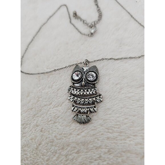 Women's Necklace Owl Clear Crystals Silver Tone 16"Chain Adjustable Bead Fringe - Picture 2 of 5